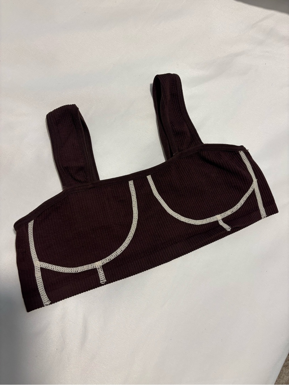 Brown Ribbed White-Stitch Bralette Top